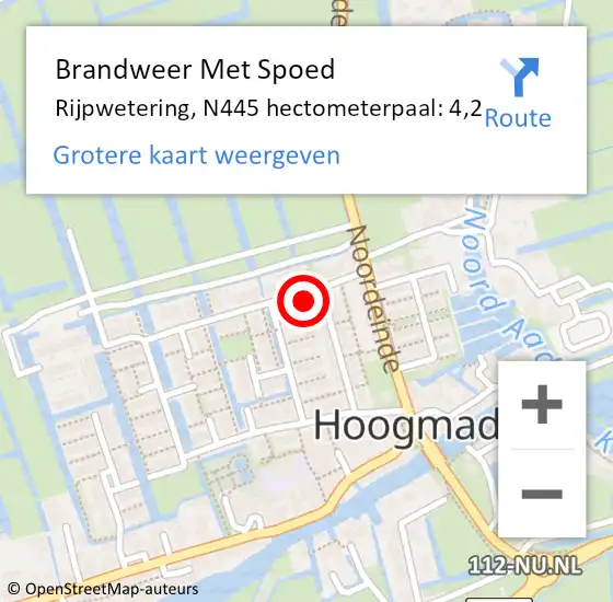 Locatie op kaart van de 112 melding: Brandweer Met Spoed Naar Rijpwetering, N445 hectometerpaal: 4,2 op 1 augustus 2015 15:09