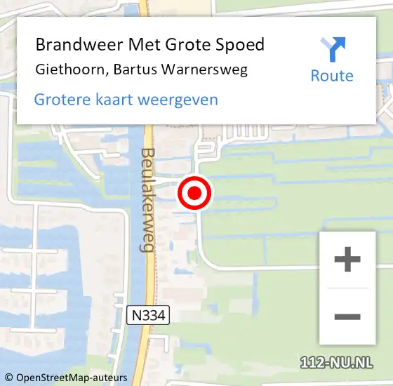 Locatie op kaart van de 112 melding: Brandweer Met Grote Spoed Naar Giethoorn, Bartus Warnersweg op 1 augustus 2015 16:05