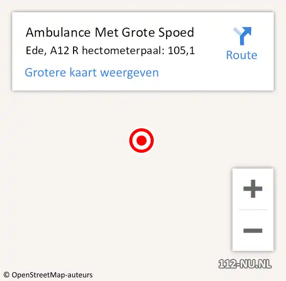 Locatie op kaart van de 112 melding: Ambulance Met Grote Spoed Naar Ede, A12 R hectometerpaal: 105,1 op 1 augustus 2015 19:44