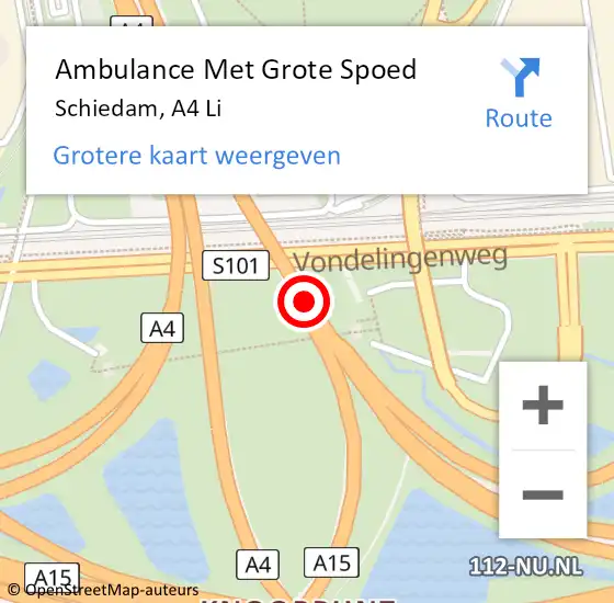 Locatie op kaart van de 112 melding: Ambulance Met Grote Spoed Naar Schiedam, A4 Li op 1 augustus 2015 20:44