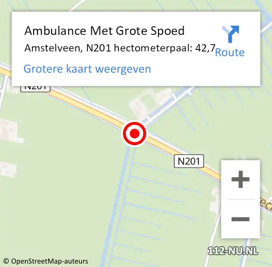 Locatie op kaart van de 112 melding: Ambulance Met Grote Spoed Naar Amstelveen, N201 hectometerpaal: 42,7 op 1 augustus 2015 22:15