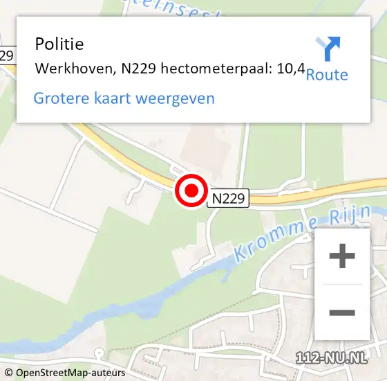 Locatie op kaart van de 112 melding: Politie Werkhoven, N229 hectometerpaal: 10,4 op 16 november 2013 00:27