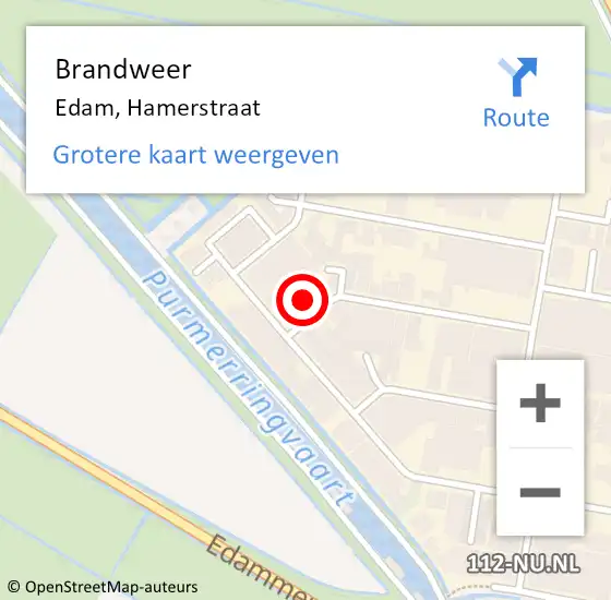 Locatie op kaart van de 112 melding: Brandweer Edam, Hamerstraat op 4 augustus 2015 07:44