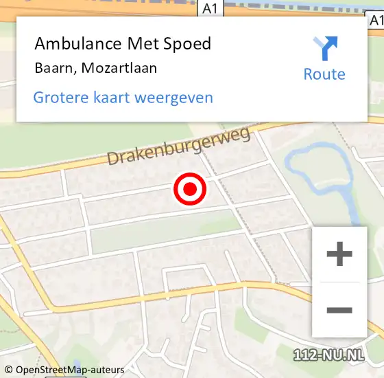 Locatie op kaart van de 112 melding: Ambulance Met Spoed Naar Baarn, Mozartlaan op 4 augustus 2015 13:18