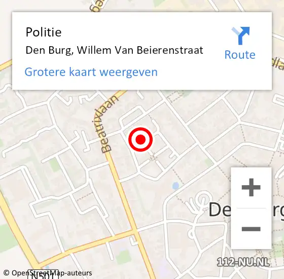 Locatie op kaart van de 112 melding: Politie Den Burg, Willem Van Beierenstraat op 4 augustus 2015 14:10