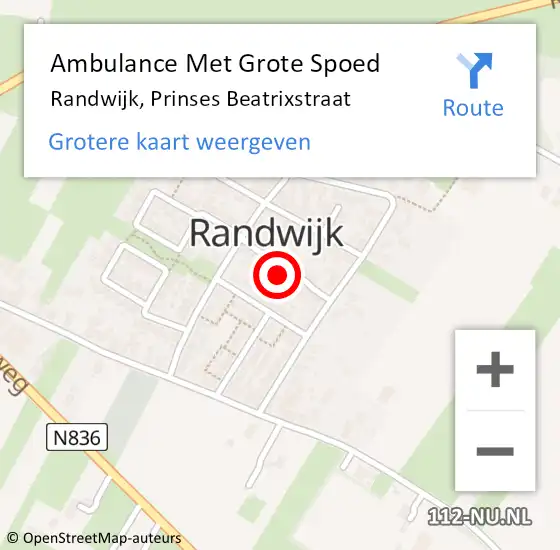 Locatie op kaart van de 112 melding: Ambulance Met Grote Spoed Naar Randwijk, Prinses Beatrixstraat op 4 augustus 2015 21:12