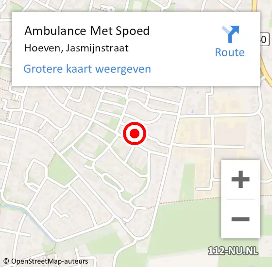 Locatie op kaart van de 112 melding: Ambulance Met Spoed Naar Hoeven, Jasmijnstraat op 6 augustus 2015 00:24