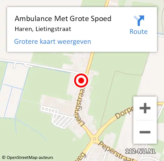 Locatie op kaart van de 112 melding: Ambulance Met Grote Spoed Naar Haren, Lietingstraat op 6 augustus 2015 06:53