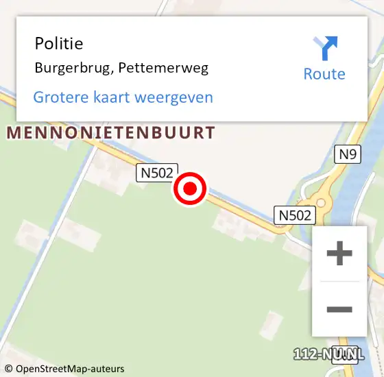 Locatie op kaart van de 112 melding: Politie Burgerbrug, Pettemerweg op 6 augustus 2015 10:14