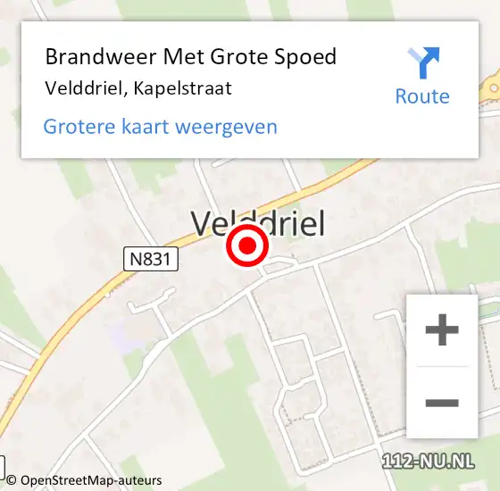 Locatie op kaart van de 112 melding: Brandweer Met Grote Spoed Naar Velddriel, Kapelstraat op 7 augustus 2015 04:50