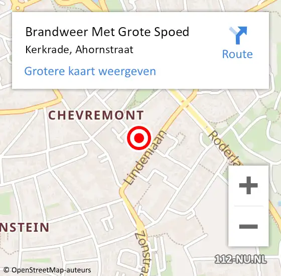 Locatie op kaart van de 112 melding: Brandweer Met Grote Spoed Naar Kerkrade, Ahornstraat op 7 augustus 2015 11:06