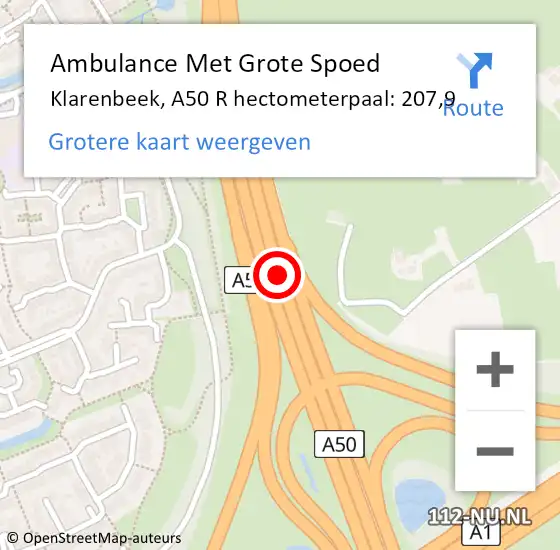 Locatie op kaart van de 112 melding: Ambulance Met Grote Spoed Naar Klarenbeek, A50 R hectometerpaal: 207,9 op 7 augustus 2015 14:34