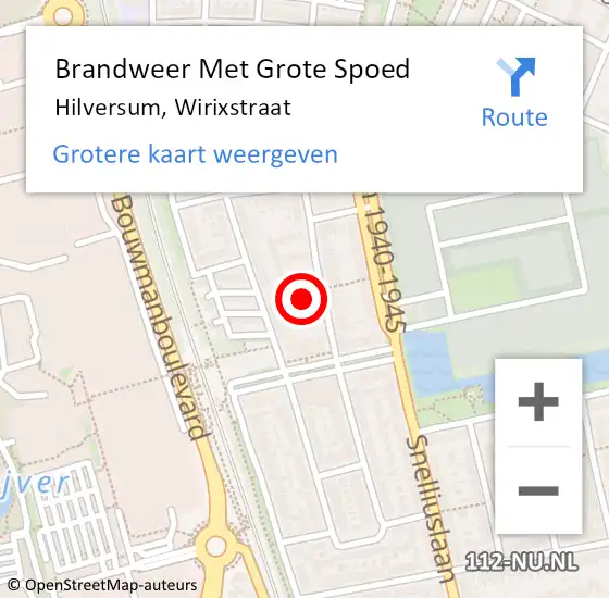 Locatie op kaart van de 112 melding: Brandweer Met Grote Spoed Naar Hilversum, Wirixstraat op 9 augustus 2015 10:59