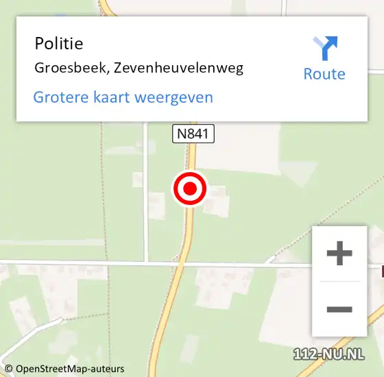 Locatie op kaart van de 112 melding: Politie Groesbeek, Zevenheuvelenweg op 9 augustus 2015 15:16