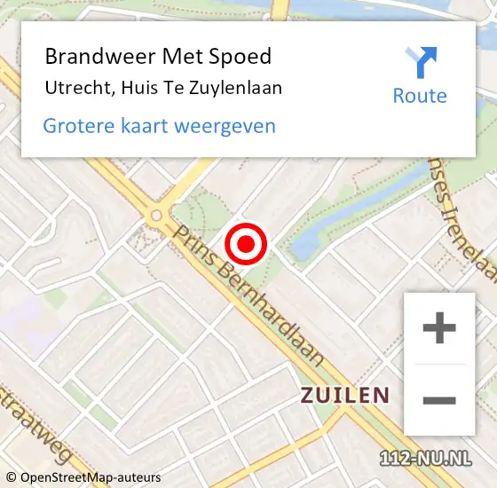 Locatie op kaart van de 112 melding: Brandweer Met Spoed Naar Utrecht, Huis Te Zuylenlaan op 9 augustus 2015 19:27