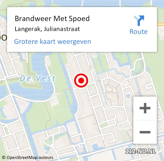 Locatie op kaart van de 112 melding: Brandweer Met Spoed Naar Langerak, Julianastraat op 9 augustus 2015 19:47