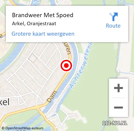 Locatie op kaart van de 112 melding: Brandweer Met Spoed Naar Arkel, Oranjestraat op 10 augustus 2015 18:39