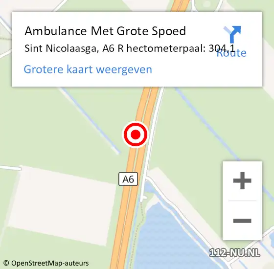 Locatie op kaart van de 112 melding: Ambulance Met Grote Spoed Naar Sint Nicolaasga, A6 R hectometerpaal: 304,1 op 10 augustus 2015 19:28