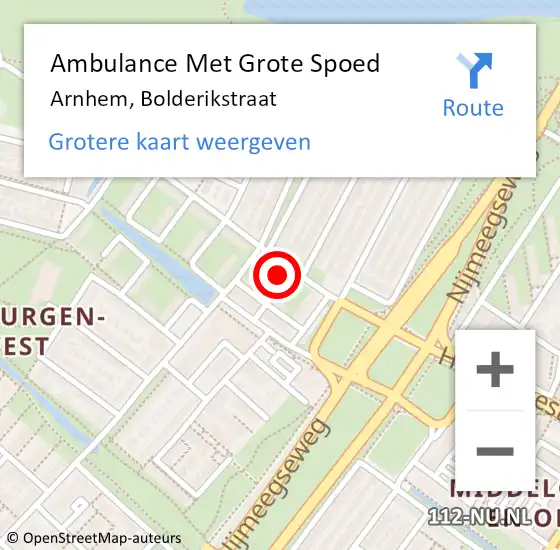 Locatie op kaart van de 112 melding: Ambulance Met Grote Spoed Naar Arnhem, Bolderikstraat op 10 augustus 2015 19:47