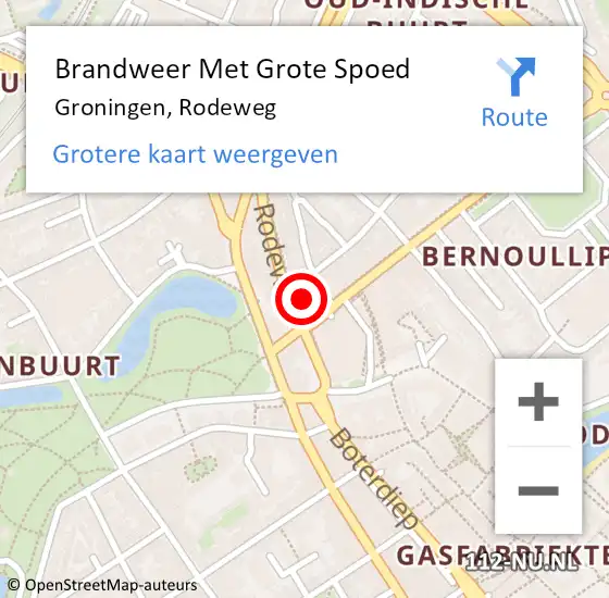 Locatie op kaart van de 112 melding: Brandweer Met Grote Spoed Naar Groningen, Rodeweg op 10 augustus 2015 20:20