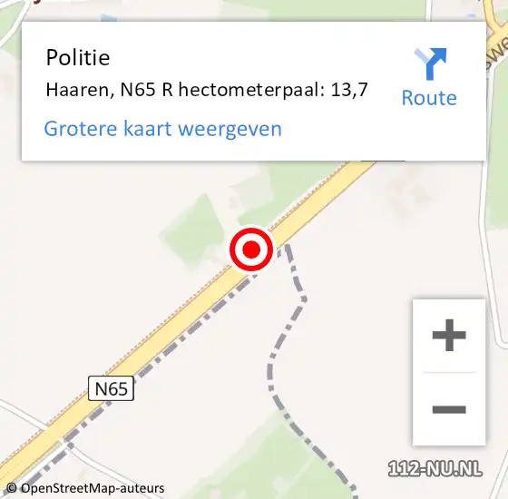 Locatie op kaart van de 112 melding: Politie Haaren, N65 R hectometerpaal: 13,7 op 11 augustus 2015 03:30