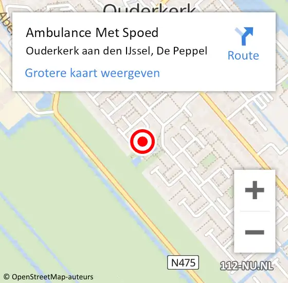 Locatie op kaart van de 112 melding: Ambulance Met Spoed Naar Ouderkerk aan den IJssel, De Peppel op 11 augustus 2015 14:12