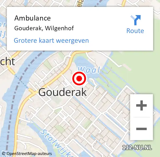 Locatie op kaart van de 112 melding: Ambulance Gouderak, Wilgenhof op 12 augustus 2015 10:14