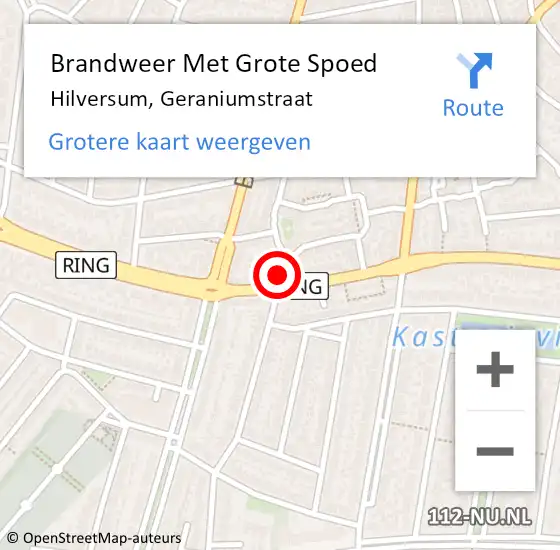 Locatie op kaart van de 112 melding: Brandweer Met Grote Spoed Naar Hilversum, Geraniumstraat op 13 augustus 2015 08:46