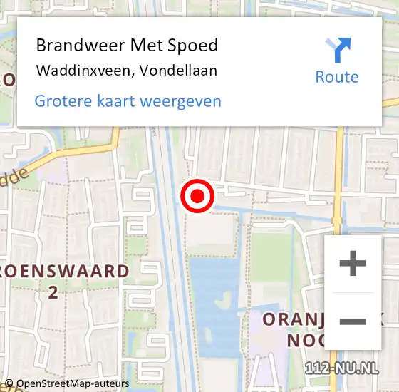 Locatie op kaart van de 112 melding: Brandweer Met Spoed Naar Waddinxveen, Vondellaan op 13 augustus 2015 08:55