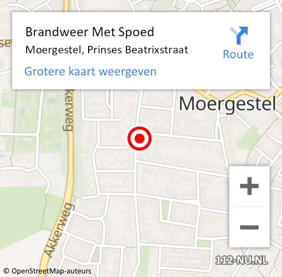 Locatie op kaart van de 112 melding: Brandweer Met Spoed Naar Moergestel, Prinses Beatrixstraat op 13 augustus 2015 14:28