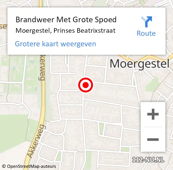 Locatie op kaart van de 112 melding: Brandweer Met Grote Spoed Naar Moergestel, Prinses Beatrixstraat op 13 augustus 2015 14:36