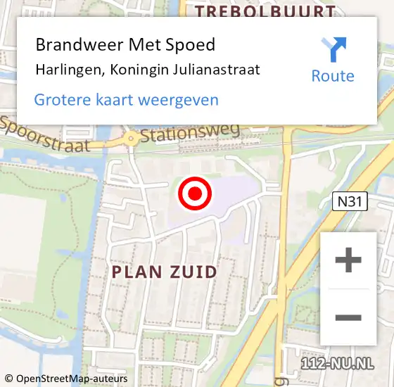 Locatie op kaart van de 112 melding: Brandweer Met Spoed Naar Harlingen, Koningin Julianastraat op 13 augustus 2015 22:35