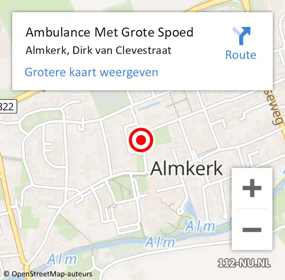 Locatie op kaart van de 112 melding: Ambulance Met Grote Spoed Naar Almkerk, Dirk Van Clevestraat op 14 augustus 2015 00:46