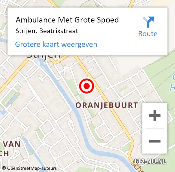 Locatie op kaart van de 112 melding: Ambulance Met Grote Spoed Naar Strijen, Beatrixstraat op 15 augustus 2015 04:18