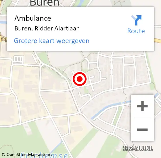 Locatie op kaart van de 112 melding: Ambulance Buren, Ridder Alartlaan op 15 augustus 2015 21:33