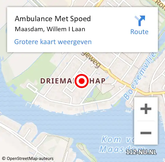 Locatie op kaart van de 112 melding: Ambulance Met Spoed Naar Maasdam, Willem I Laan op 16 augustus 2015 01:20