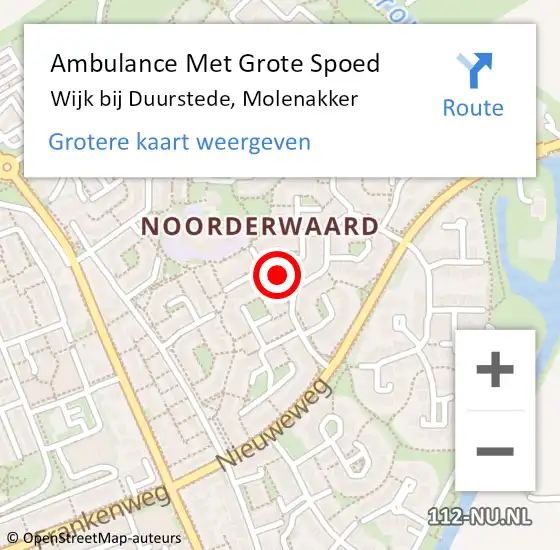 Locatie op kaart van de 112 melding: Ambulance Met Grote Spoed Naar Wijk bij Duurstede, Molenakker op 16 augustus 2015 04:35