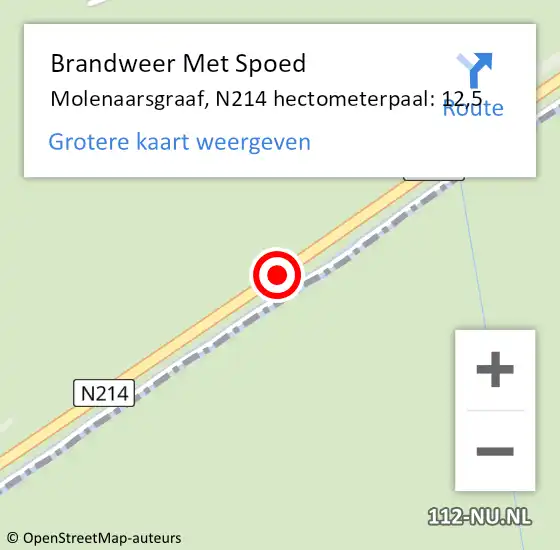 Locatie op kaart van de 112 melding: Brandweer Met Spoed Naar Molenaarsgraaf, N214 hectometerpaal: 12,5 op 16 augustus 2015 12:25