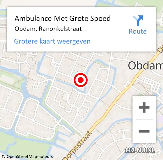 Locatie op kaart van de 112 melding: Ambulance Met Grote Spoed Naar Obdam, Ranonkelstraat op 16 augustus 2015 12:33