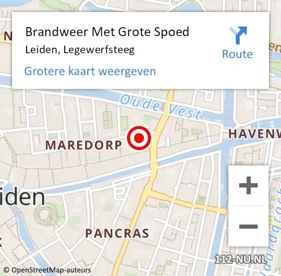 Locatie op kaart van de 112 melding: Brandweer Met Grote Spoed Naar Leiden, Legewerfsteeg op 16 augustus 2015 23:01