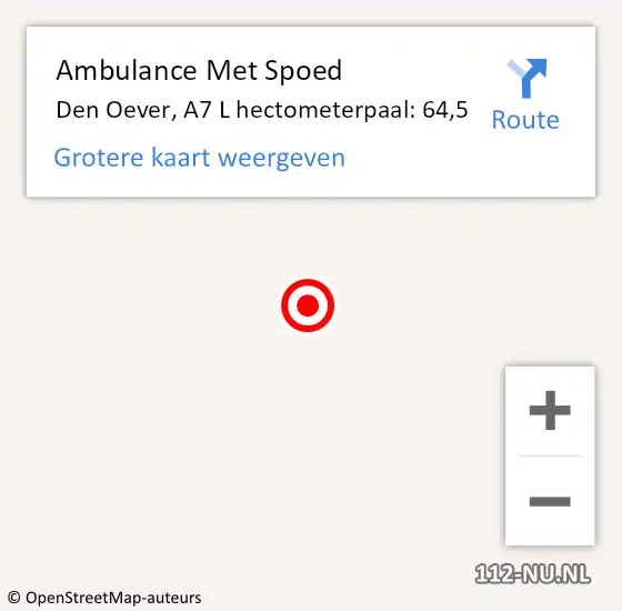 Locatie op kaart van de 112 melding: Ambulance Met Spoed Naar Den Oever, A7 L hectometerpaal: 64,5 op 17 augustus 2015 00:58