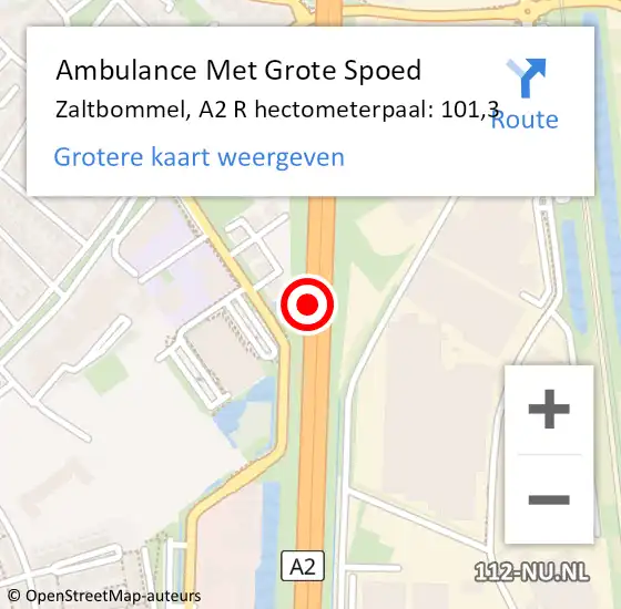 Locatie op kaart van de 112 melding: Ambulance Met Grote Spoed Naar Zaltbommel, A2 L hectometerpaal: 102,4 op 17 augustus 2015 08:37