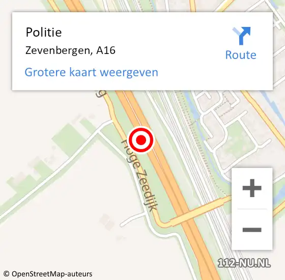 Locatie op kaart van de 112 melding: Politie Zevenbergen, A16 op 17 augustus 2015 09:46