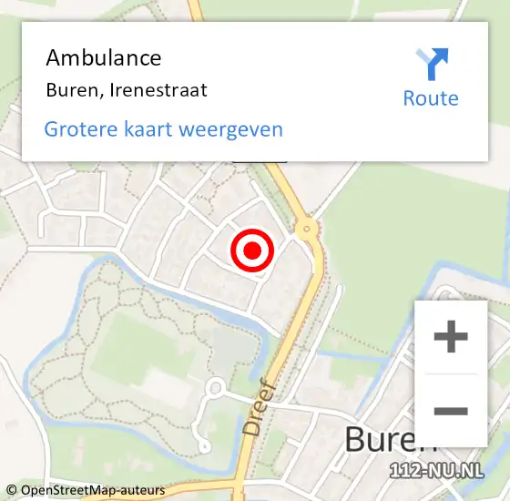 Locatie op kaart van de 112 melding: Ambulance Buren, Irenestraat op 17 augustus 2015 13:49