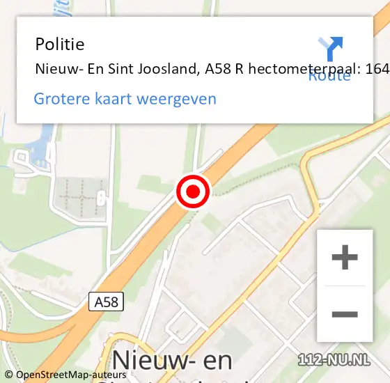 Locatie op kaart van de 112 melding: Politie Nieuw- En Sint Joosland, A58 R hectometerpaal: 164,7 op 17 augustus 2015 16:10