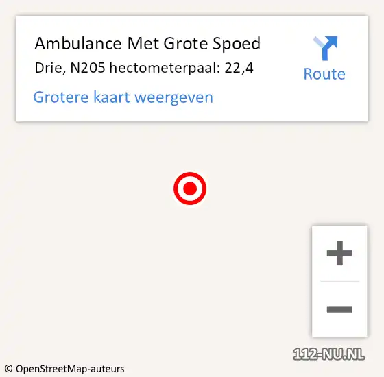 Locatie op kaart van de 112 melding: Ambulance Met Grote Spoed Naar Drie, N205 hectometerpaal: 22,4 op 17 augustus 2015 18:26