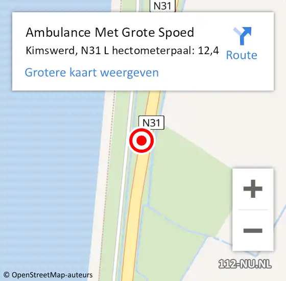 Locatie op kaart van de 112 melding: Ambulance Met Grote Spoed Naar Kimswerd, N31 L hectometerpaal: 12,4 op 18 augustus 2015 06:18