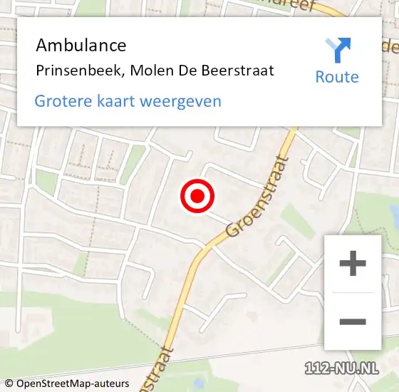 Locatie op kaart van de 112 melding: Ambulance Prinsenbeek, Molen De Beerstraat op 18 augustus 2015 10:27