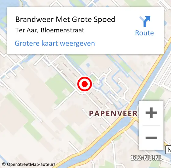 Locatie op kaart van de 112 melding: Brandweer Met Grote Spoed Naar Ter Aar, Bloemenstraat op 18 augustus 2015 21:17