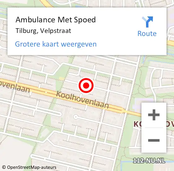 Locatie op kaart van de 112 melding: Ambulance Met Spoed Naar Tilburg, Velpstraat op 19 augustus 2015 18:47